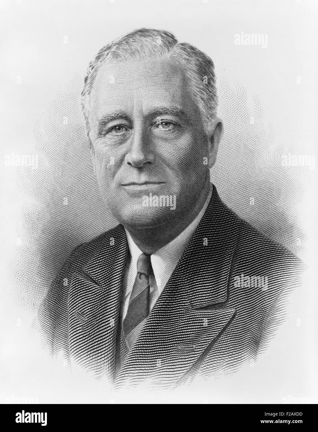 President Franklin Roosevelt in a engraved portrait by the Bureau of Printing and Engraving. Ca. 1932-1940. (BSLOC 2015 2 242) Stock Photo