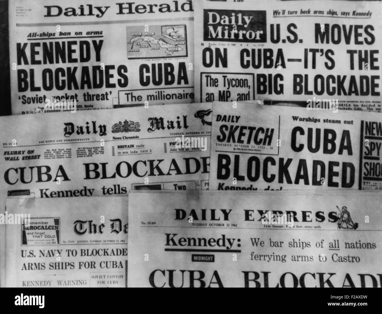Headline of Britain's daily newspapers announcing President Kennedy's blockade of Cuba. Oct. 23, 1962. (BSLOC 2015 2 231) Stock Photo