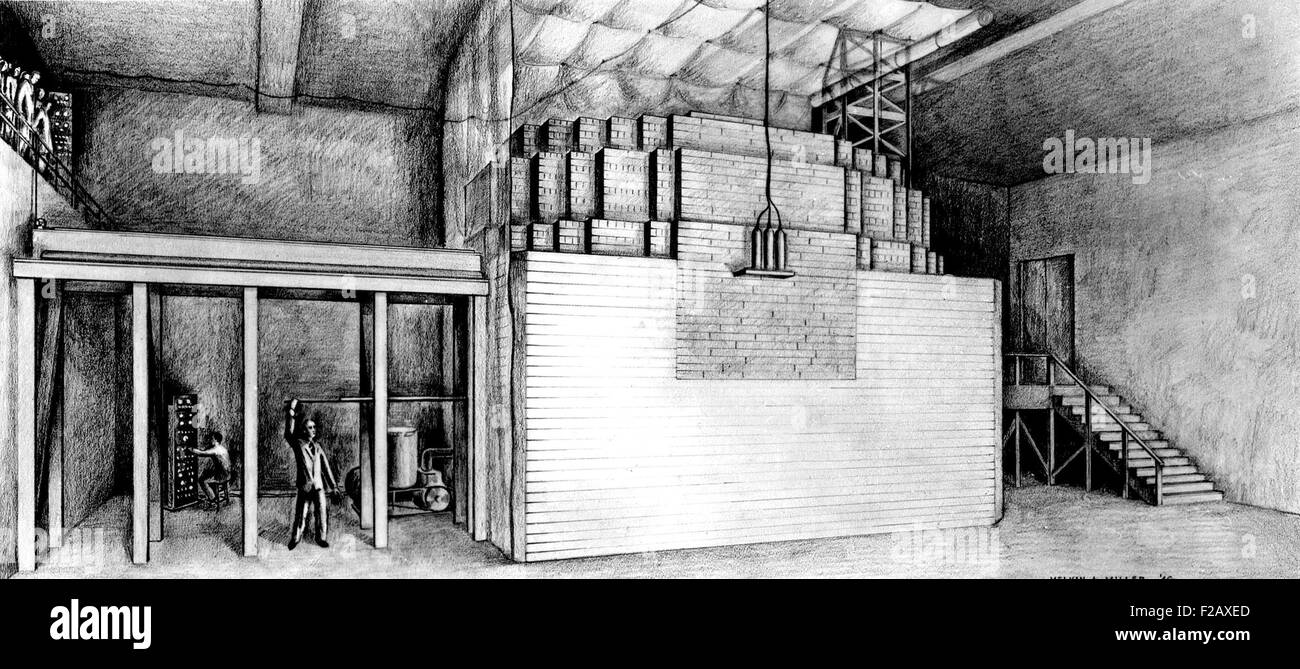 Chicago Pile-1 (CP-1) was built under the direction of physicist Enrico Fermi, in collaboration with Leo Szilard. Drawing of scientists using the world's first nuclear reactor, which was constructed under the football grandstands at the University of Chicago. By Melvin A. Miller of the Argonne National Laboratory. (BSLOC 2015 2 22) Stock Photo