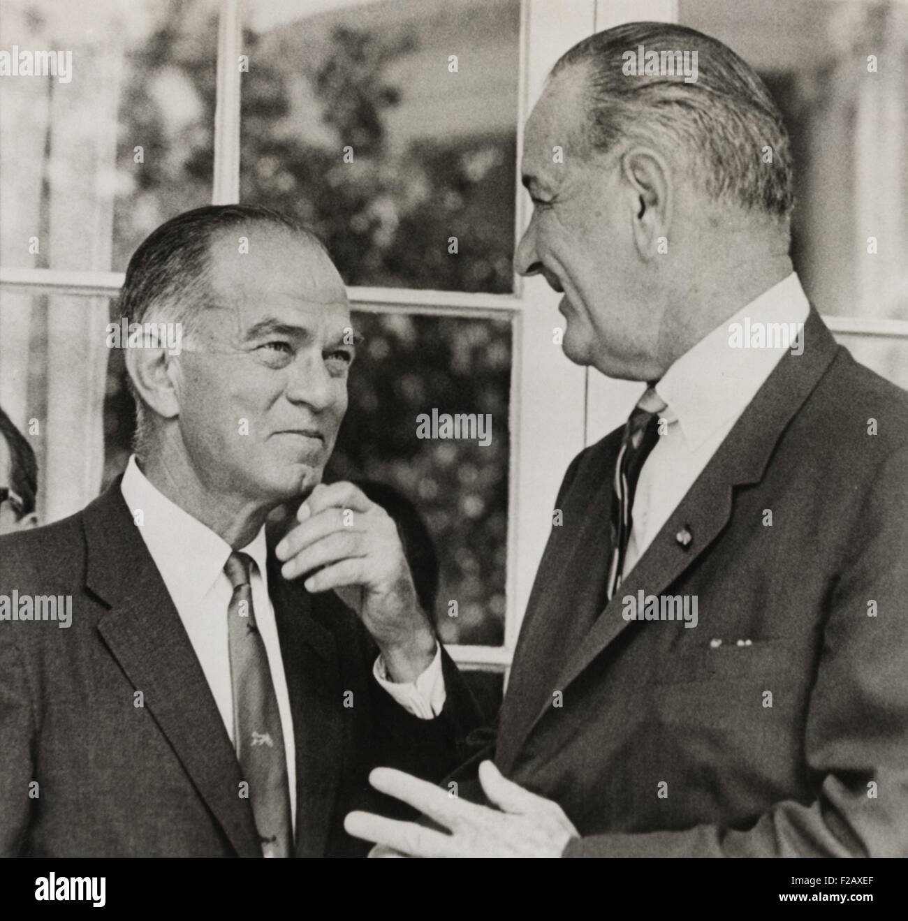 Sen. J. William Fulbright, and President Lyndon Johnson, June 15, 1966. Fulbright was chairman of the Senate Foreign Relations Committee and opposed LBJ's increasing military commitment in South Vietnam. (BSLOC 2015 2 218) Stock Photo
