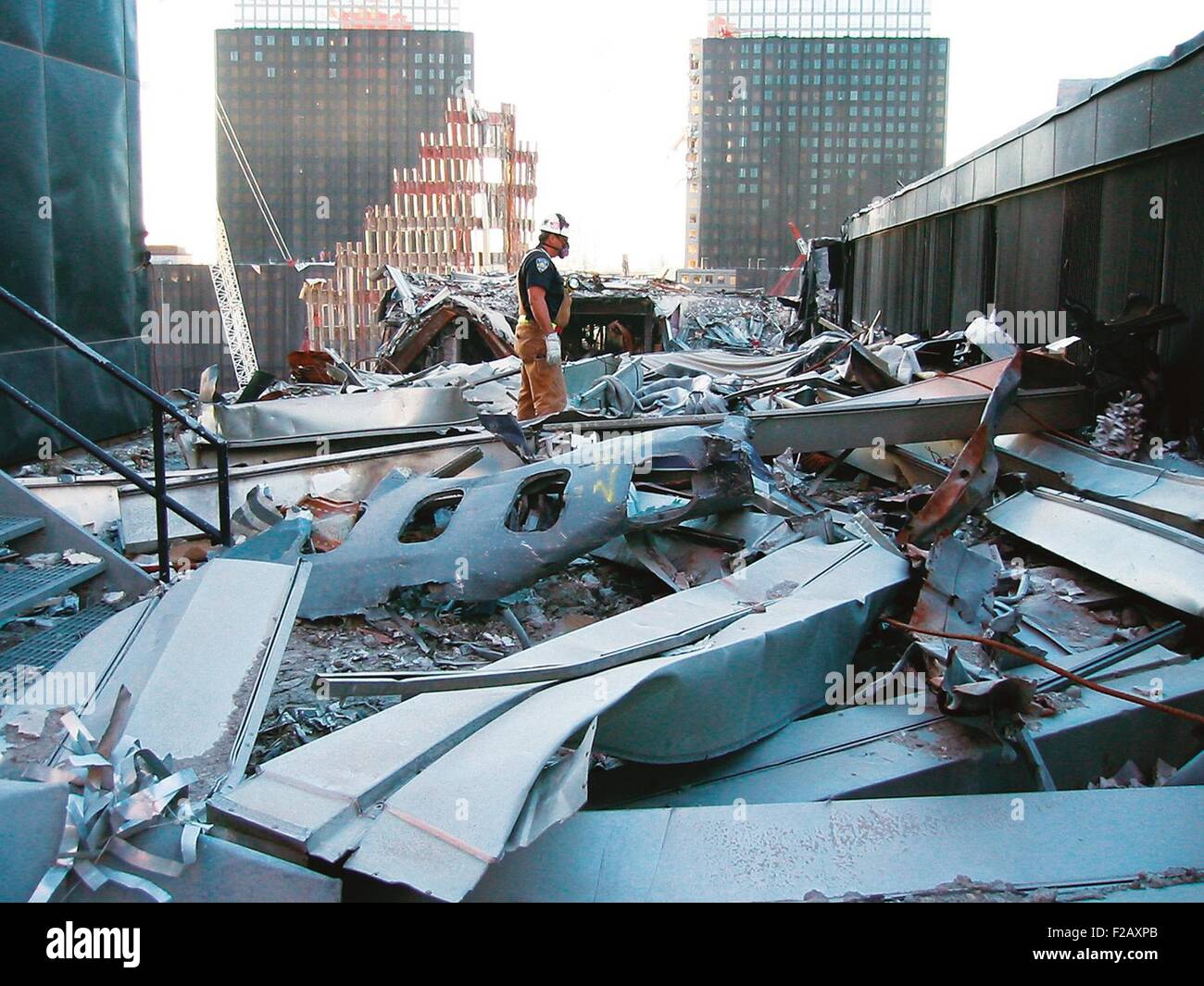 A portion of the fuselage of United Airlines Flight 175 on the roof of WTC 5, Oct. 25, 2001. This was from the plane that crashed into the South Tower, WTC 2. World Trade Center, New York City, after September 11, 2001 terrorist attacks. (BSLOC_2015_2_120) Stock Photo
