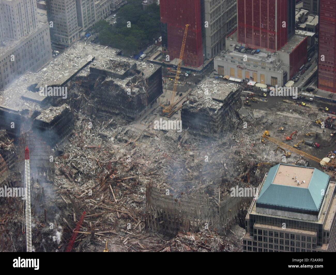 Aerial view of World Trade Center from the southwest, Sept. 27, 2001. At lower right is World Financial Center 1. World Trade Center, New York City, after September 11, 2001 terrorist attacks. (BSLOC 2015 2 105) Stock Photo
