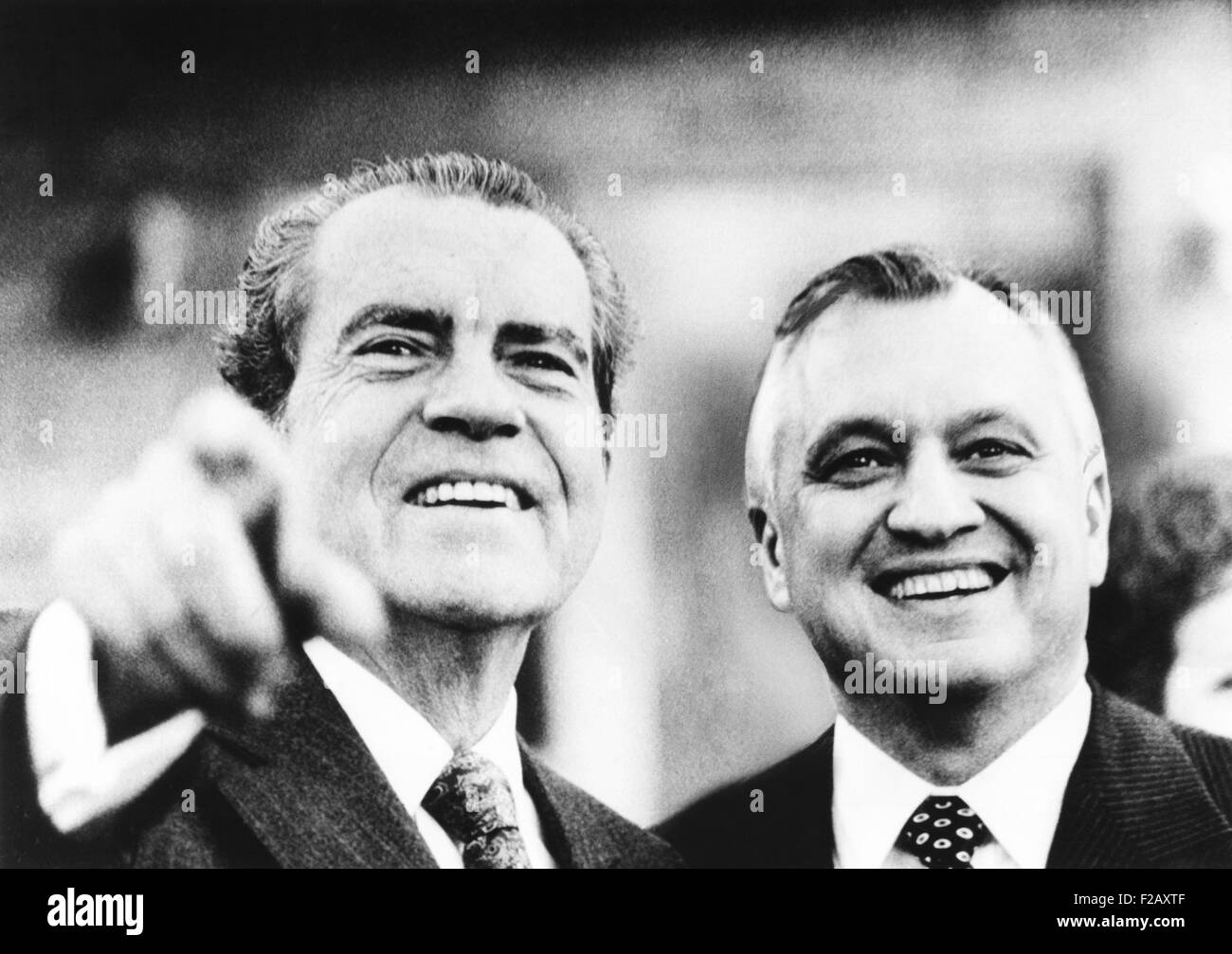 Putting differences aside, Walter Hinkle welcomes President Richard Nixon to his Anchorage home. Sept. 26, 1971. Nixon was enroute to Japan to meet with Emperor Hirohito. (CSU 2015 9 968) Stock Photo