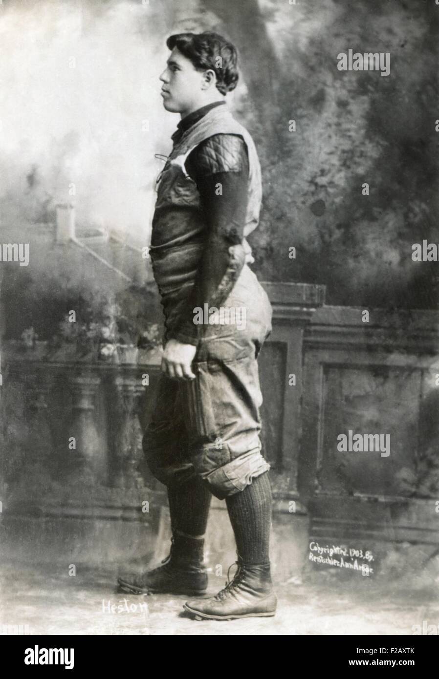 Willie Heston, University of Michigan's famous halfback, 1903. His uniform had a laced canvas placket, with heavy external shoulder, elbow, thigh and knee pads. (CSU 2015 9 965) Stock Photo