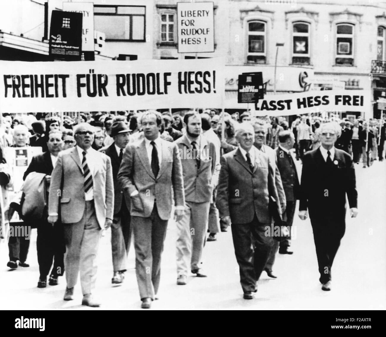 Wolf Ruediger Hess (hand in pocket), son of Nazi war criminal, Rudolf Hess, leads demonstration. In Bonn, West Germany, 2000 protestors demanded the release of Hitler's one time deputy from Spandau Prison. May 6, 1973. (CSU 2015 9 962) Stock Photo