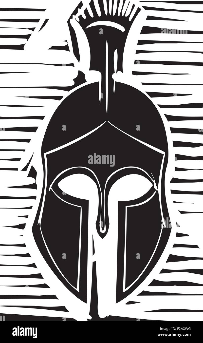 Woodcut style classical Grecian soldiers helmet with crest Stock Vector