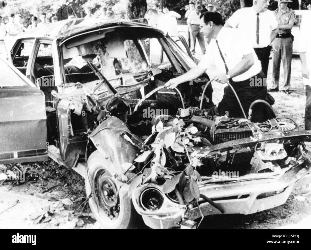 Bomb wrecked remains of car of Jackson County Solicitor, Floyd Hord, who was killed. Jefferson, Georgia, Aug. 7, 1967. The killers were group of bootleggers, upset by the seizure of $20,000 worth of illicit booze in A.C. Cliff Park's warehouse. Park and three others paid $5,000 to the murderer, and were later arrested, prosecuted, and imprisoned. (CSU 2015 9 882) Stock Photo