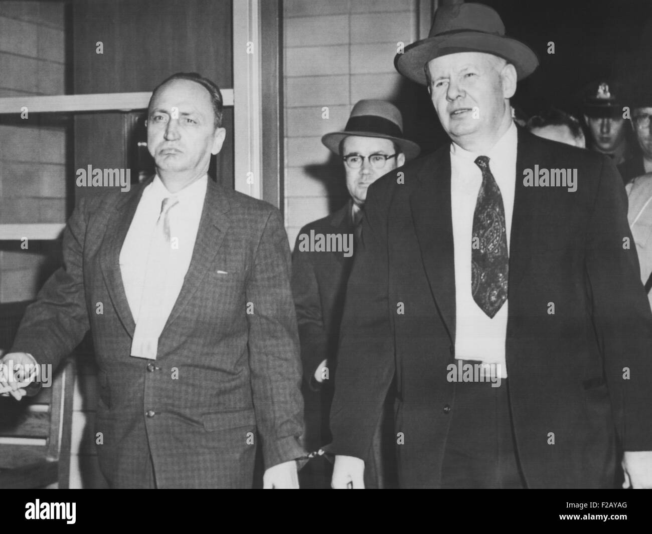 Ignatius I. Faherty (left) and Joseph F. McGinnis, entered Walpole State Prison on Oct. 9, 1956. Both received life sentences for the $1,219,000 Brinks robbery of January 17, 1950. Four movies have been based on the robbery: SIX BRIDGES TO CROSS, 1955; BLUEPRINT FOR ROBBERY, 1961; BRINKS-THE GREAT ROBBERY, 1976; THE BRINKS JOB, 1978. (CSU 2015 9 813) Stock Photo
