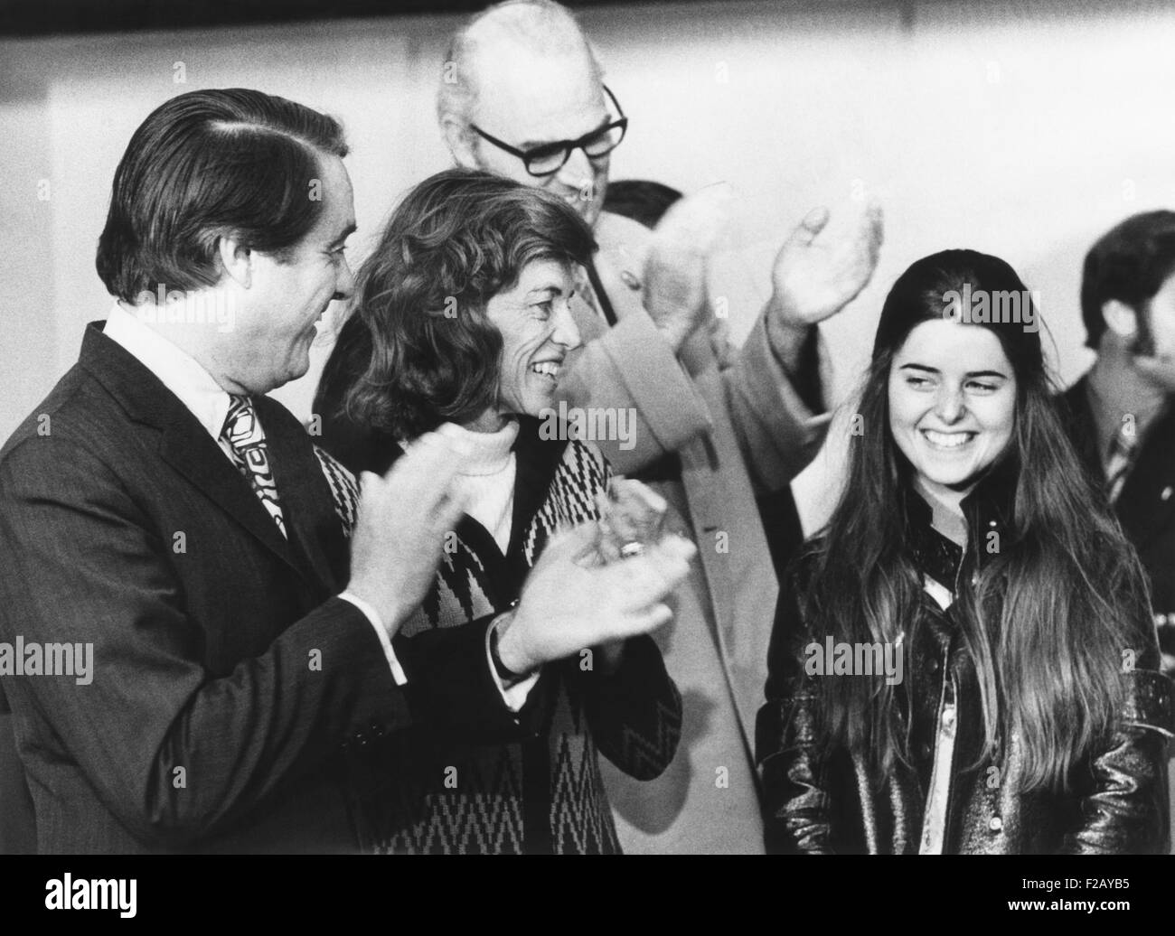 Maria Shriver receives applause on her 17th birthday, Nov. 6, 1972. She was campaigning with her father, Sargent Shriver, Democratic vice presidential candidate in Ohio. L-R: Sargent Shriver; Eunice Kennedy Shriver; Eugene O'Grady, Ohio, State Highway Safety Dir.; Maria Shriver. (CSU 2015 9 799) Stock Photo