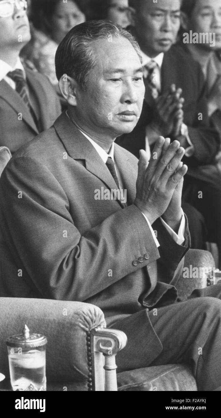 Lon Nol, Cambodia's President at the dedication of housing for Cambodian war widows. May 16, 1974. In less than a year, the Khmer Rouge took Phnom Penh, and Lon Nol was in exile. He traveled first in Indonesia, then Hawaii, finally settling in 1979 in Fullerton, California. (CSU 2015 9 767) Stock Photo