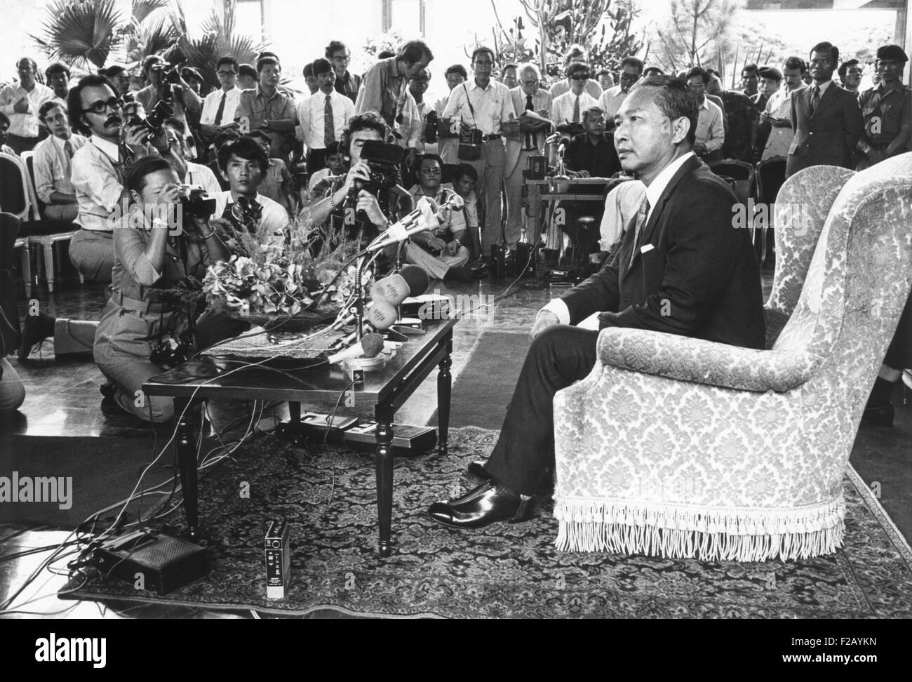 President Lon Nol at a press conference at the Presidential Palace on Aug. 29, 1973. After he was deposed by Lon Nol, Prince Sihanouk allied himself with the Khmer Rouge, who controlled the majority of Cambodian territory in 1973. (CSU 2015 9 765) Stock Photo
