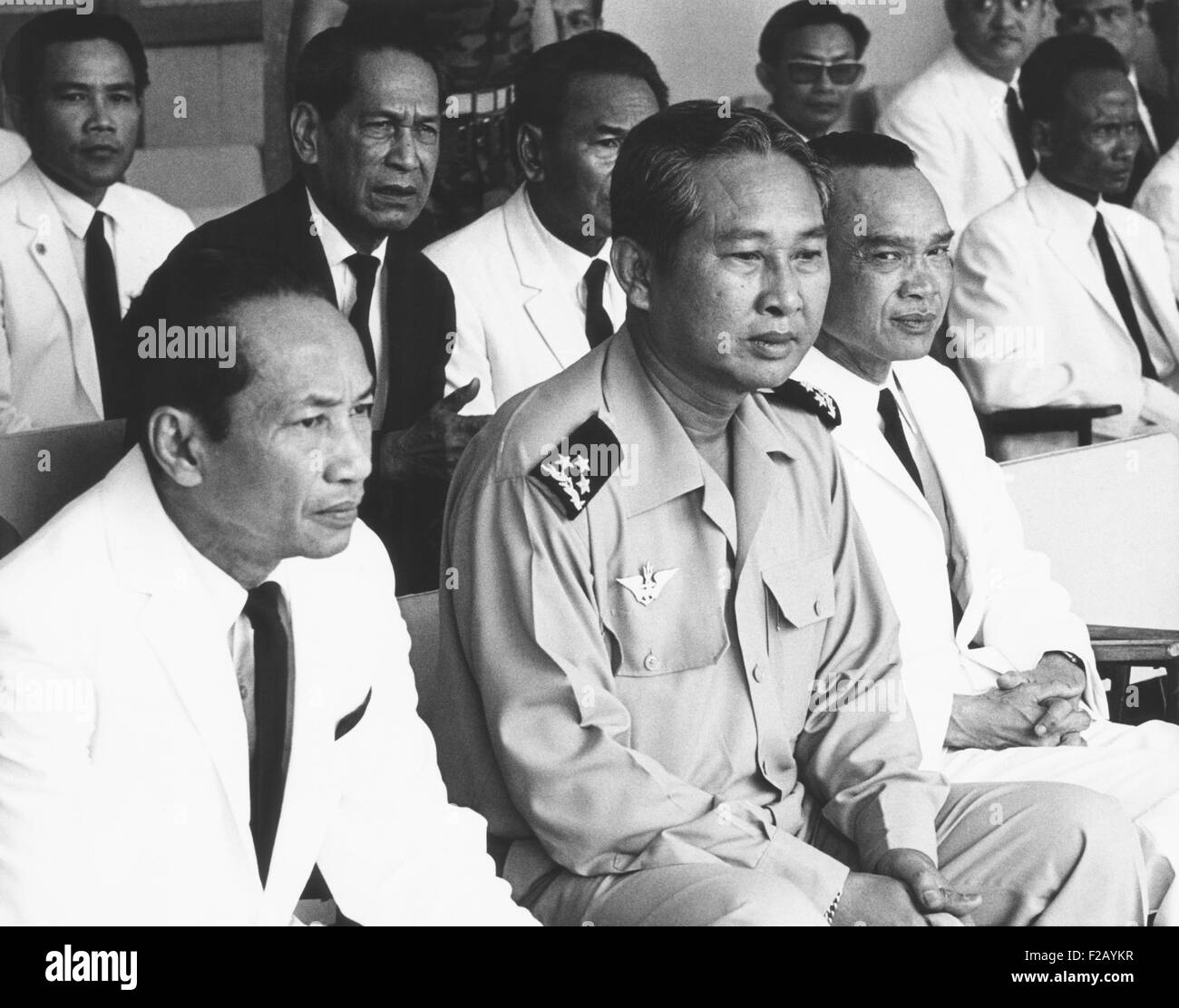 New leaders of Cambodia after coup d'etat deposing Prince Norodom Sihanouk on March 18, 1970. L-R: Yem Sembaur, Foreign Minister, Gen. Lon Nol, Prime Minister; Deputy Premier Sirik Matek. Phnom Penh, Cambodia. (CSU 2015 9 763) Stock Photo