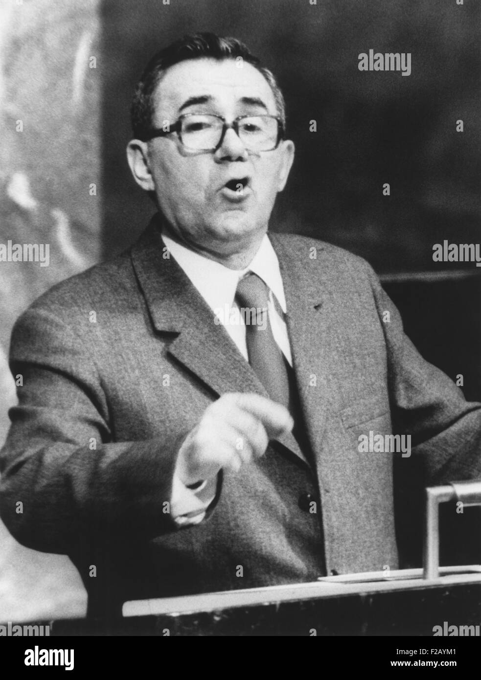 Andrei Gromyko addressing a United Nations session on raw materials in developing countries. May 1974. The Soviet Foreign Minister denounced western oil companies for their 'plundering the natural resources of the petroleum producing countries. (CSU 2015 9 759) Stock Photo