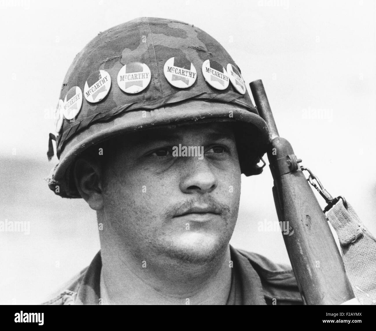 American soldier at Quan Loi, Vietnam, was a supporter of Eugene McCarthy for President. April 20, 1968. Democratic Anti-War Senator Eugene McCarthy won 42.2% to President Johnson's 49.4% in the New Hampshire Primary. This ultimately caused LBJ's withdrawal from seeking re-election. (CSU 2015 9 738) Stock Photo