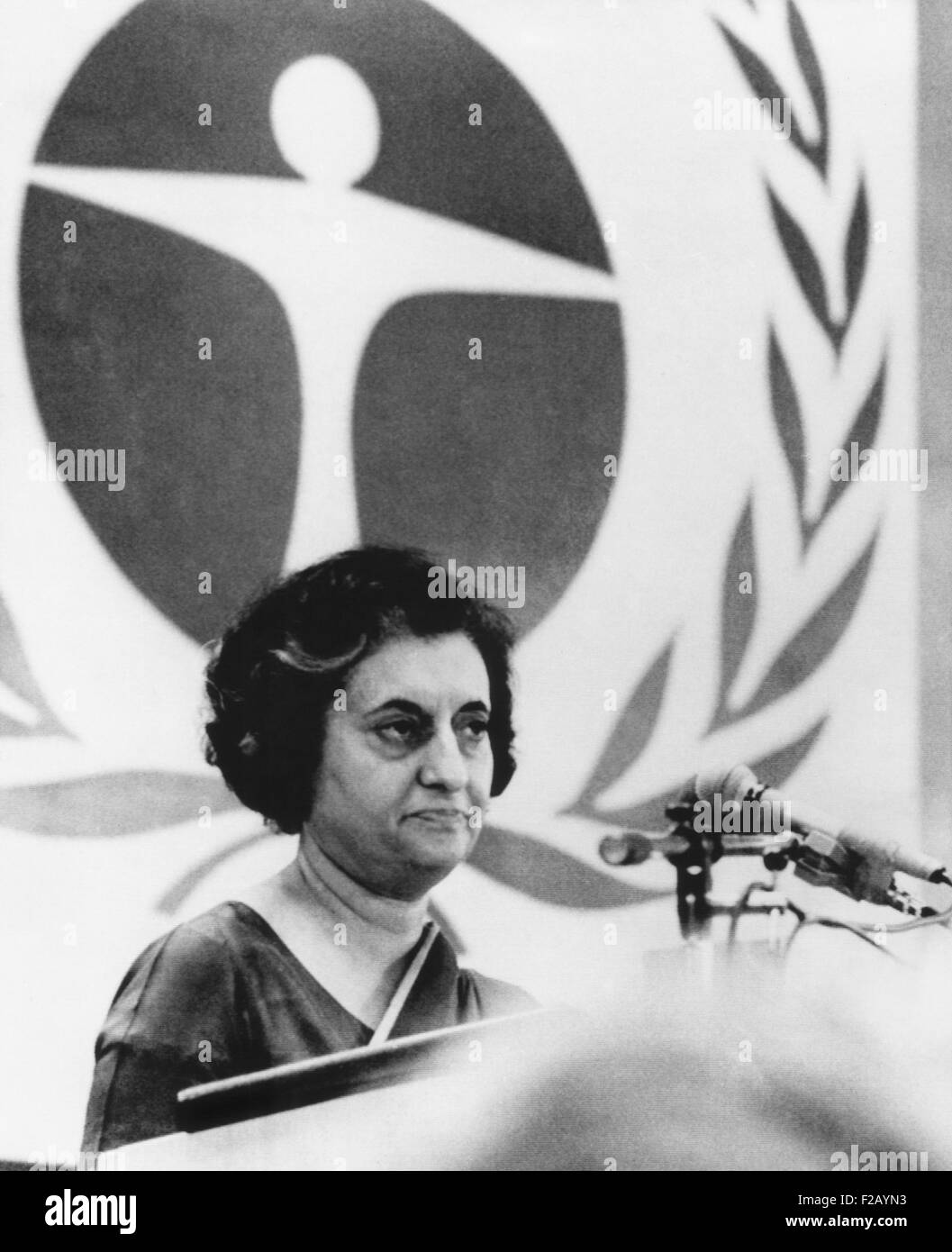 Indian Premier Indira Gandhi speaking at the United Nations Environment Conference. Stockholm, June 14, 1972. In her speech, she connected the damage caused by modern warfare with environmental concerns. (CSU 2015 9 735) Stock Photo