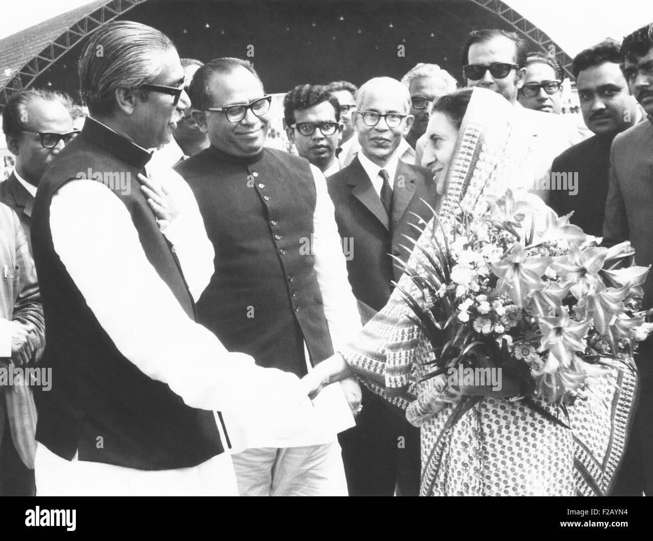 Sheik Mujibur Rahman, Premier of Bangladesh, with Indian PM Indira Gandhi. Dhaka (Dacca), March 19, 1972. During this visit, Rahman and Gandhi signed a 25 year Treaty of Friendship and Mutual Security. Bangladesh, newly independent from West Pakistan, won its independence during the Bangladesh Liberation War in 1971. (CSU 2015 9 734) Stock Photo