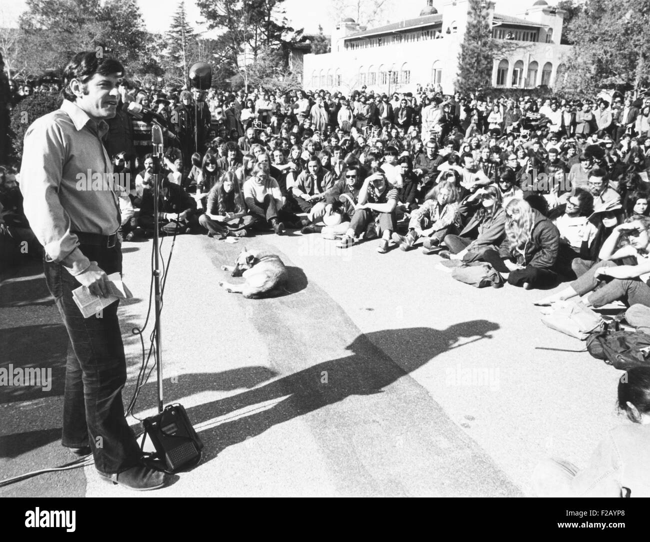Defiant Prof. H. Bruce Franklin, speaking after he was fired from Stanford University. Jan. 28, 1972. After the rally, Franklin Stock Photo