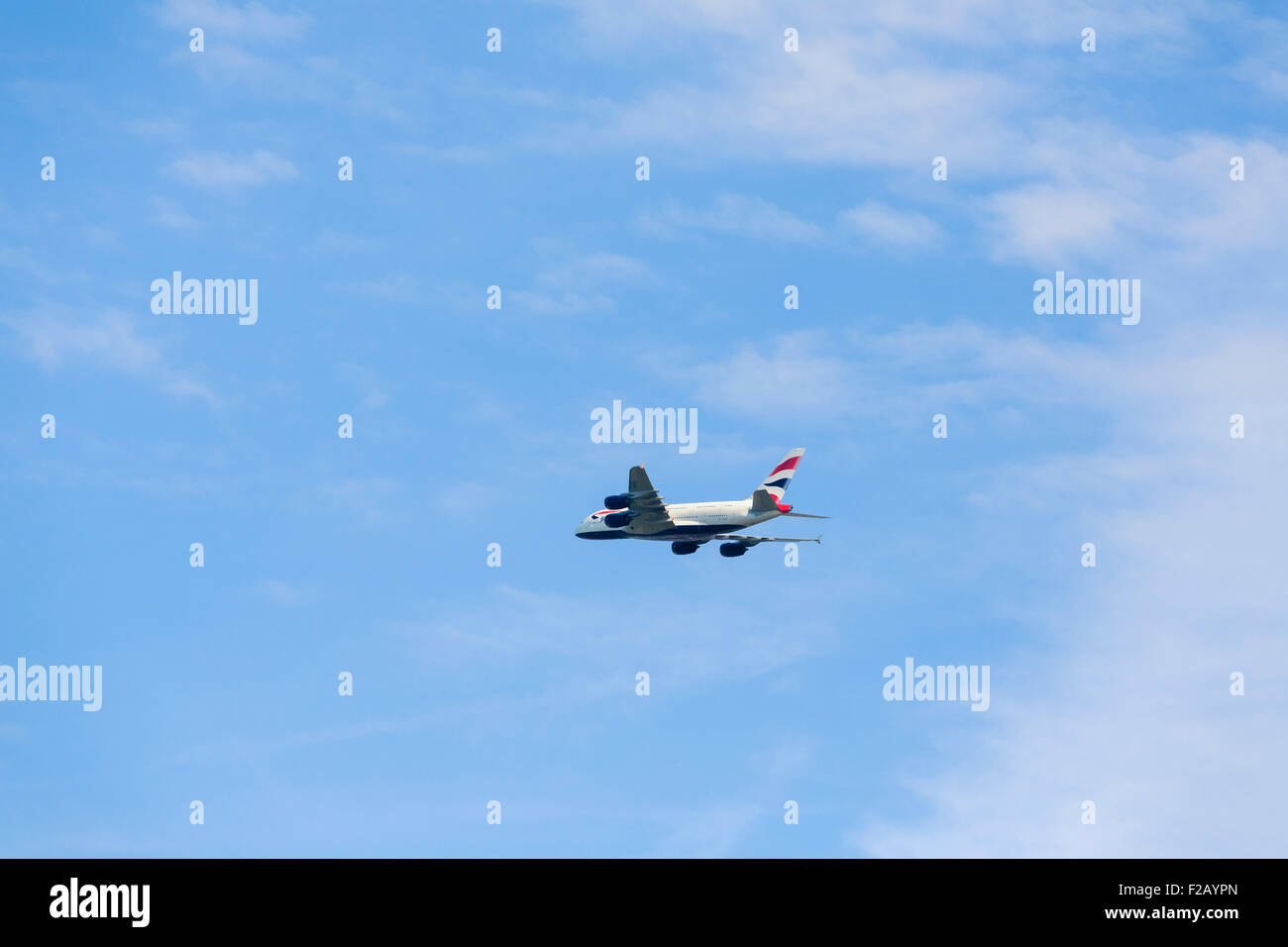 British Airways Airbus A380 flying over Windsor out of London Heathrow, England, UK Stock Photo