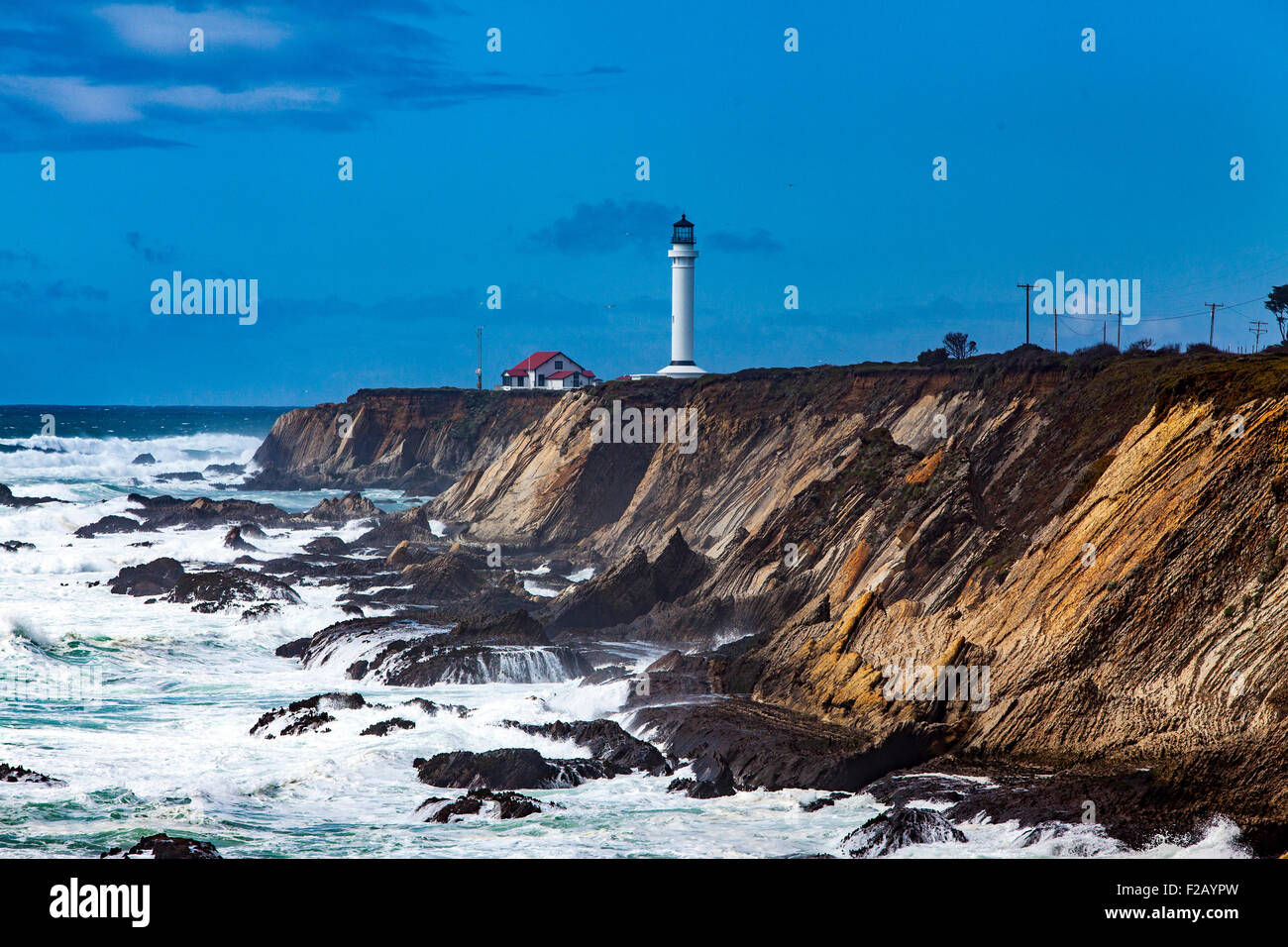 Point Arena Lighthouse in Mendocino County in Northern California along Highway 1 Stock Photo