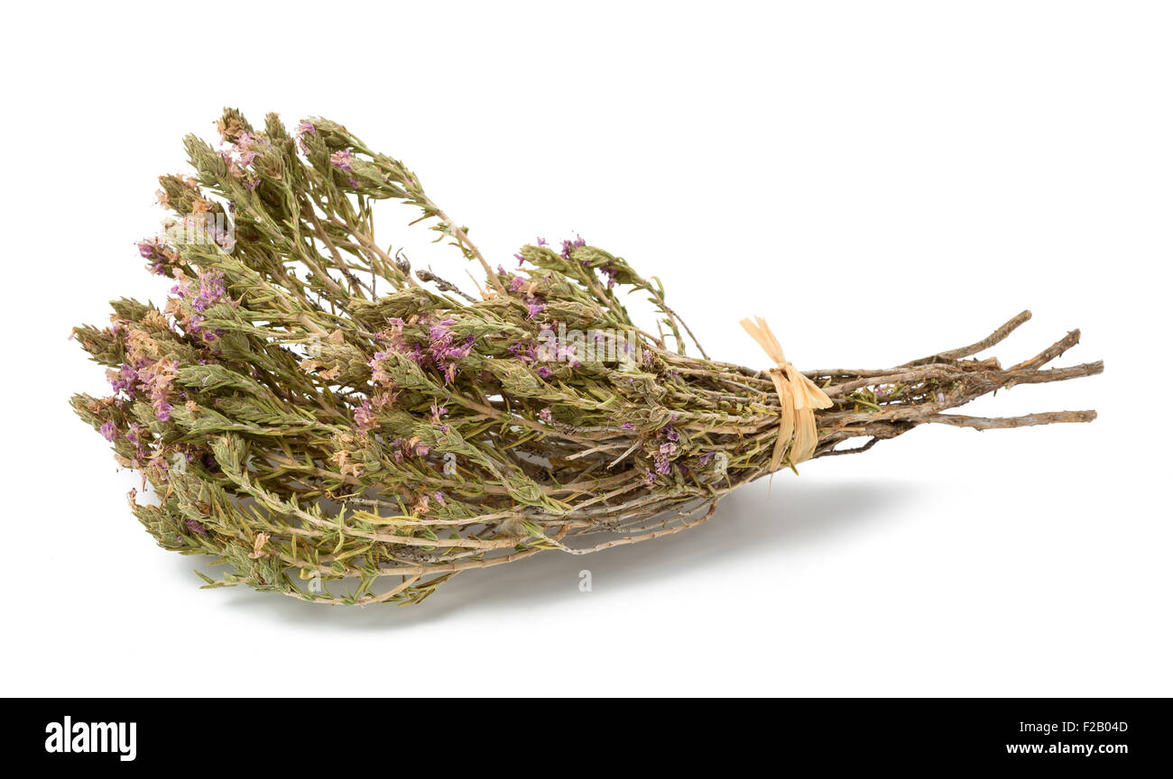 Dried thyme with flowers isolated on white Stock Photo