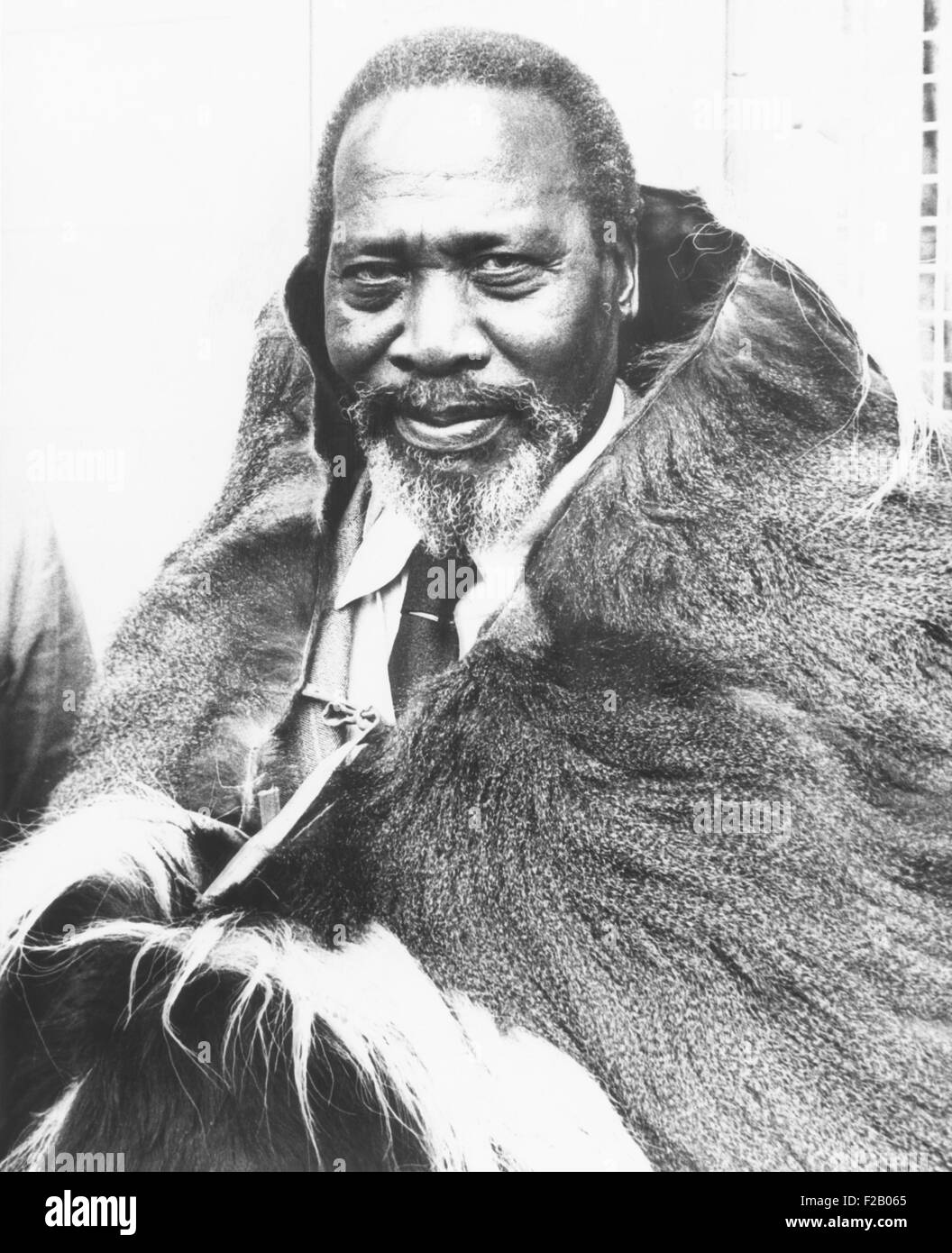 Jomo Kenyatta, future President of Kenya, in a monkey skin given him by Kikuyu (Gikuyu) tribesmen. Aug. 21, 1961. Kikuyu was the largest ethnic group in Kenya, but still represented less than 25% of the population. As leader of Kenya's KANU (Kenya African National Union) Kenyatta  advocated, unified state with a strong central government over an ethnic-federal state favored by his opposition. (CSU 2015 9 683) Stock Photo