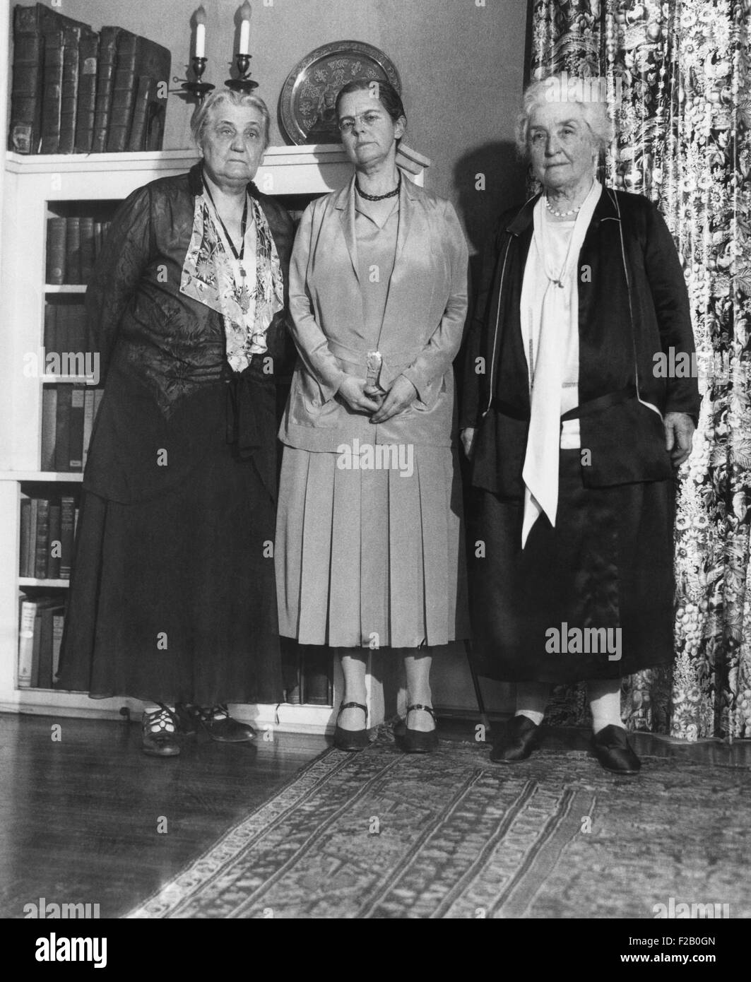 Jane Addams (left) received the Mary Carrie Thomas Award of Bryn Mawr College. May 3, 1931. She was recognized for her social worker, and leadership for women's suffrage and world peace. In center is Marian Edwards Park, president of Bryn Mawr College. At right is President Emeritus Mary Carey Thomas of Bryn Mawr College, in whose honor the prize was founded. (CSU 2015 9 1128) Stock Photo