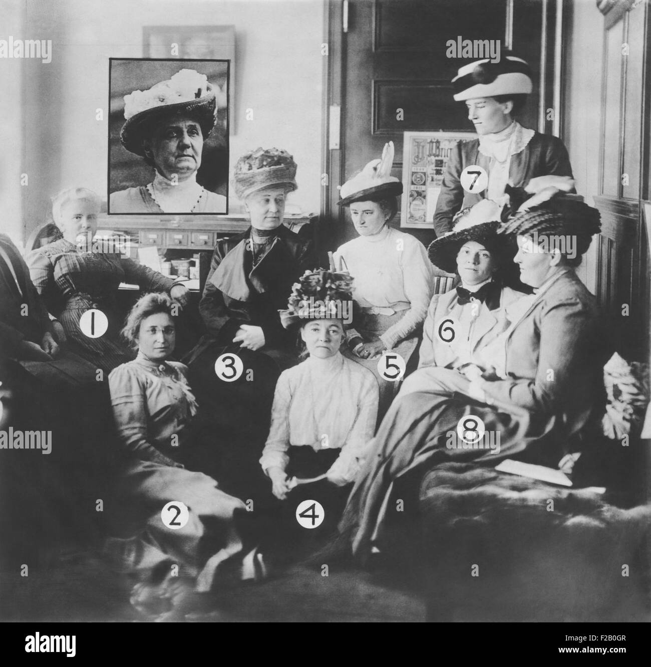 Women attending the National Convention of the Woman Suffrage Association. Philadelphia, Nov. 21 -26, 1912. 1 Dr. Anna Howard Shaw, President. 2 Mrs. William M. Ivins. 3  Miss Lucy Anthony. 4 Donald Booker, Baltimore. 5 Katharine Hepburn, Hartford, Connecticut. 6  Mary Ware Dennett, Treasurer. 7 Susan Fitzgerald, Boston. 8 Jesse Ashley, Secretary. Inset square Jane Addams. (CSU 2015 9 1125) Stock Photo