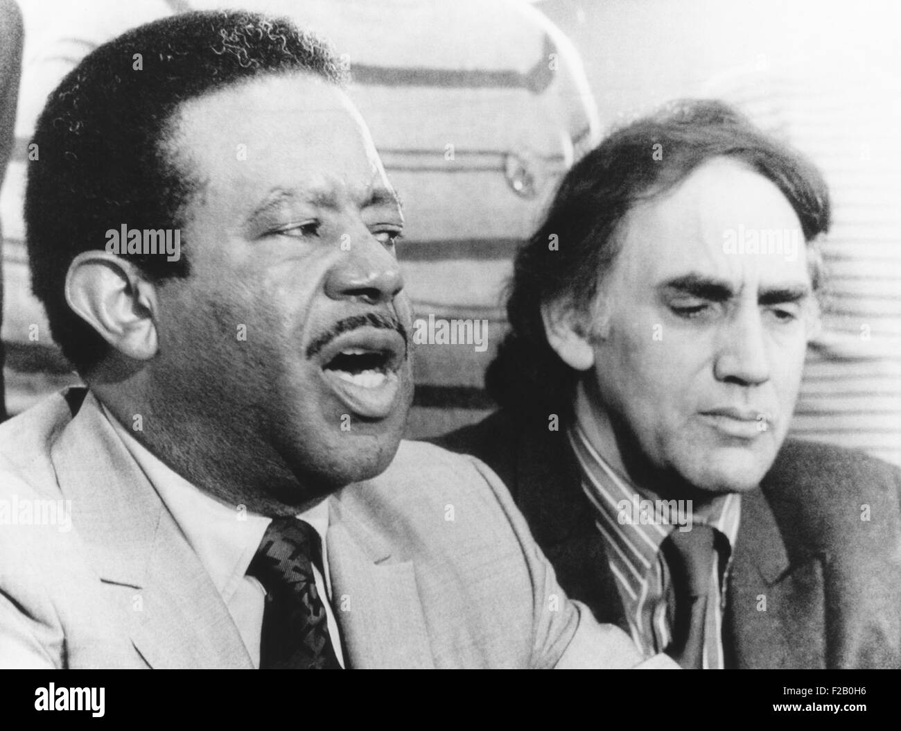 Defense Attorney William Kunstler and Rev. Ralph Abernathy at end of the 'Chicago Seven' trial. Kunstler charged U.S. District Court Judge Julius Hoffman had presided over a 'legal lynching.' Five of the seven defendants, Abbie Hoffman, Jerry Rubin, David Dellinger, Tom Hayden, Rennie Davis, were sentenced to five years in prison. In 1972, all of the convictions were reversed due to the bias Judge Julius Hoffman. (CSU 2015 9 1113) Stock Photo