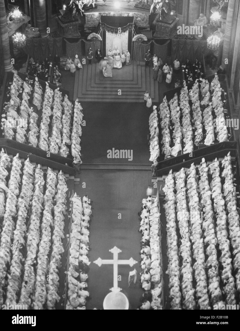 Pope Pius XII at Proclamation of the Dogma of the Assumption of the Virgin Mary into Heaven. Dec. 4, 1950, St. Peter's Basilica. The Pope met with he largest assemblage of Roman Catholic prelates in the history of the Church. Outside the Basilica, an estimated 700,000 persons filled the Vatican Square. (CSU 2015 9 1004) Stock Photo