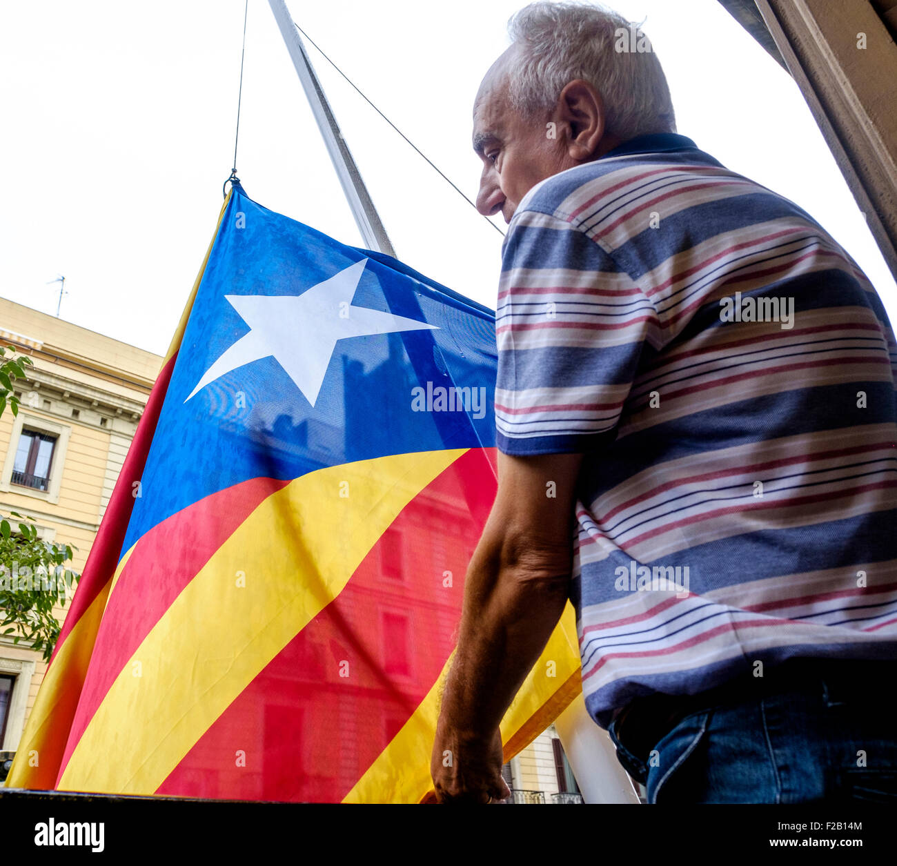 Omnium Culturalal volunteer Joan Cadenas raises the Estelada (Catalonian Flag of Independence) in Barcelona Stock Photo