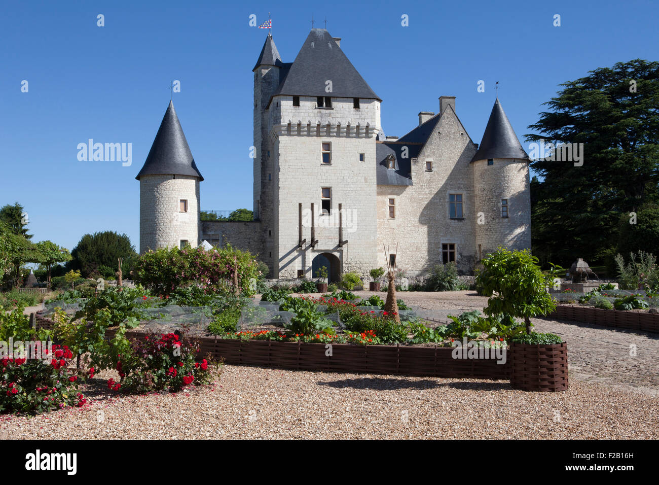 Chateau du Rivau, Potager de Gargantua, with Chateau in background Stock Photo