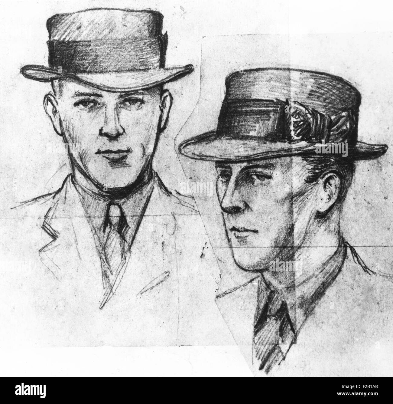 'The resemblance to Bruno Hauptmann is self-evident', read the Sept. 1934 ACME Newspictures' caption. Artist's likeness of the Lindbergh baby kidnapper, was drawn from a verbal description by J. F. 'Jafsie' Condon. Condon saw the man to whom he gave the ransom for the Lindbergh baby in March 1932. In 1934, Johnson was reluctant to identify Bruno Hauptmann as the man he saw in 1932. (CSU 2015 7 446) Stock Photo