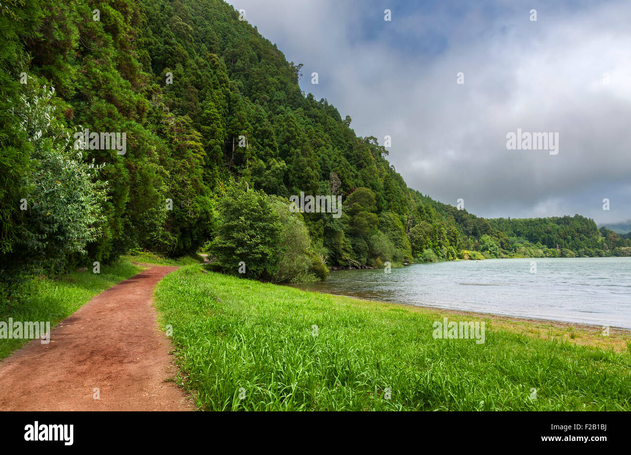 Path along Furnas Lake in Sao Miguel, Azores Islands Stock Photo