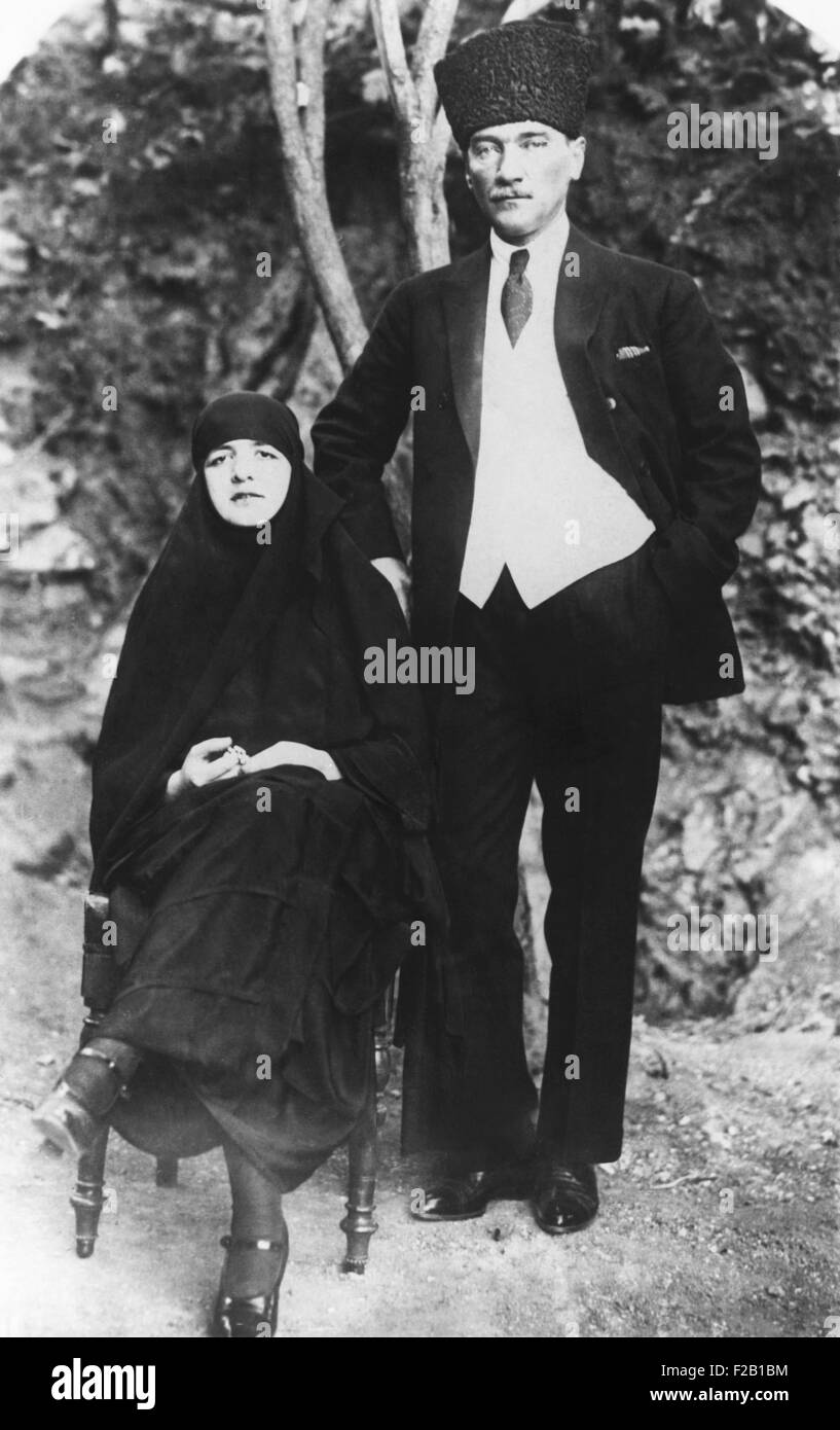 Mustapha Kemal Ataturk, President of Turkey and his wife, Latife Hanouz. She was a multilingual woman educated in Europe and was married to the Turkish leader from Jan. 1923 to August 1925, and was his only wife. For two and a half years, Latife symbolized the new face of Turkish women. She appeared publically with her husband and encouraged women to participate and public life. The couple divorced in 1925 due to incompatibility. (CSU 2015 7 432) Stock Photo