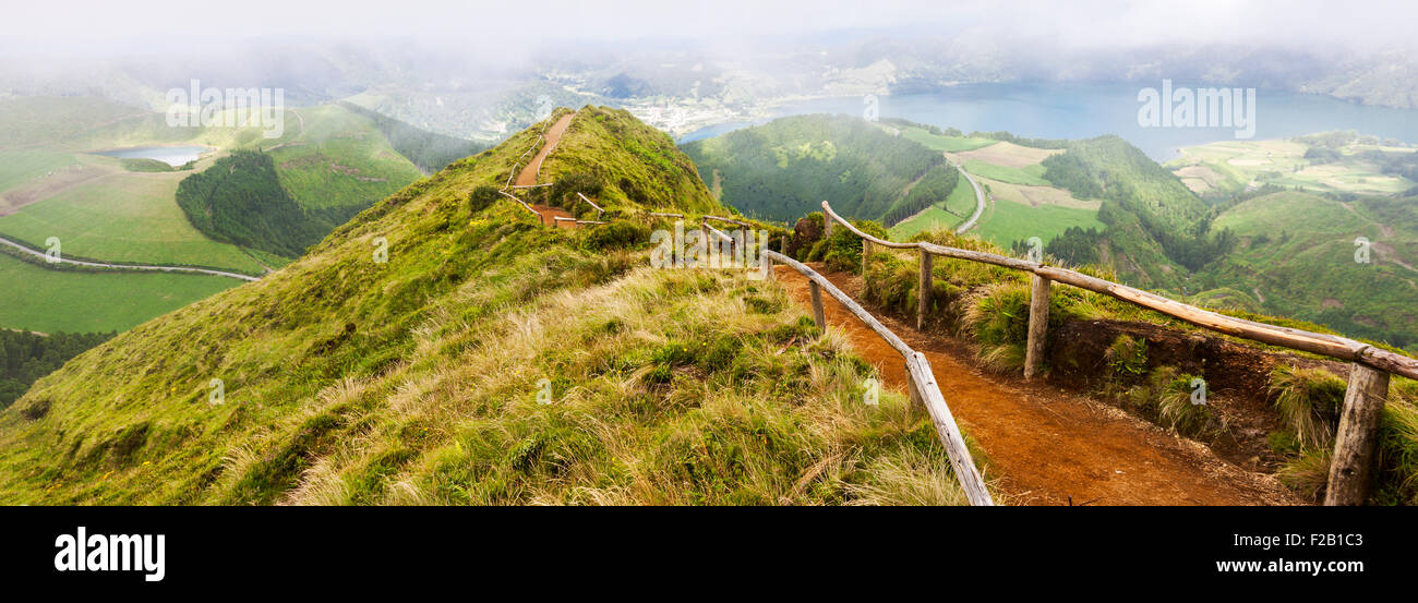 Walking path leading to a view on the lakes of Sete Cidades and Santiago in Sao Miguel, Azores Stock Photo