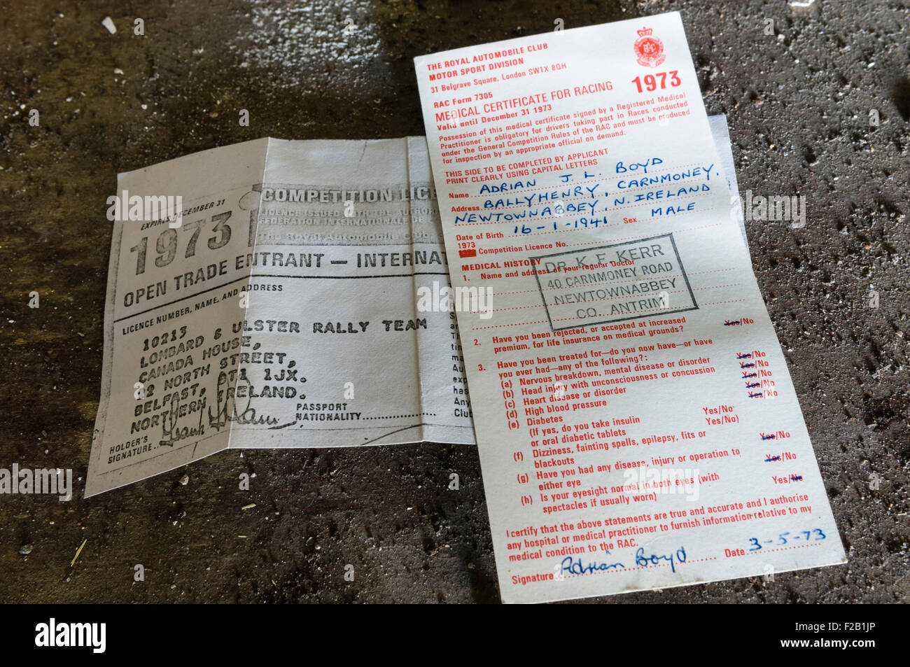 Rally papers from 1973 for Adrian Boyd, a Newtownabbey man who won the 1969 Circuit of Ireland. Stock Photo