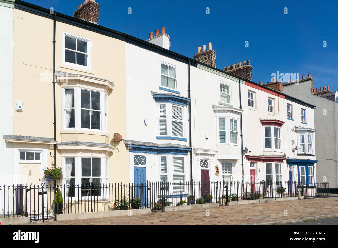 Three storey terrace of houses in York Place,  Hartlepool, Headland,  Co. Durham, England, UK Stock Photo