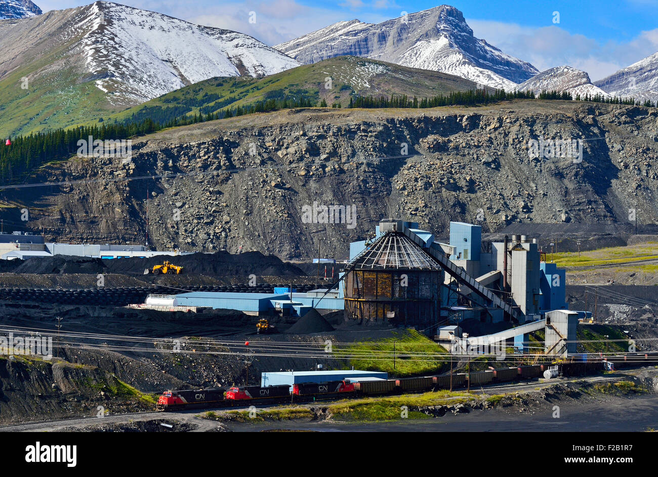 A landscape image of the Teck coal processing plant in the foothills of the rocky mountains near Cadomin Alberta, Stock Photo