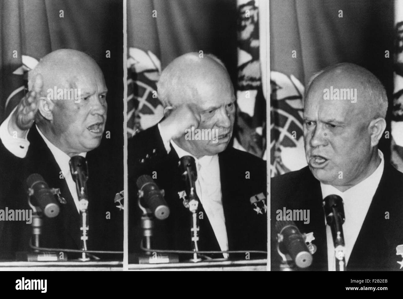 Soviet Premier Nikita Khrushchev gestures as he reacts to L.A. Mayor Norris Poulson remarks. At the banquet given by the Los Angeles World Affairs Council, Poulson undiplomatically referred to Khrushchev's unfortunate 1956, 'We will bury you' remark. (CSU 2015 8 551) Stock Photo