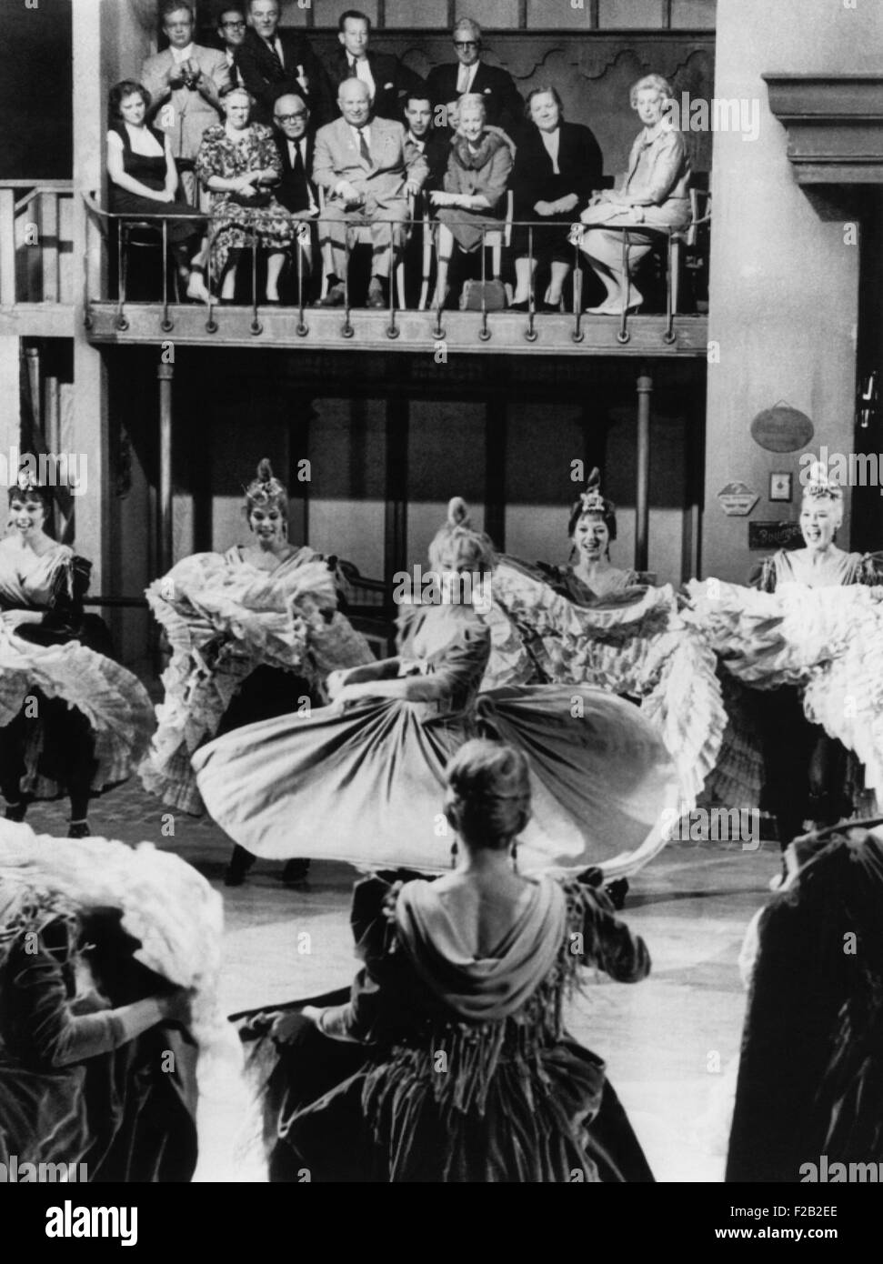 Premier Nikita Khrushchev's party watches a rehearsal for the film CANCAN. Actress Shirley MacLaine swirls surrounded by 'Cancan' dancing girls at 20th Century Fox Studios. Sept. 19, 1959. (CSU 2015 8 547) Stock Photo