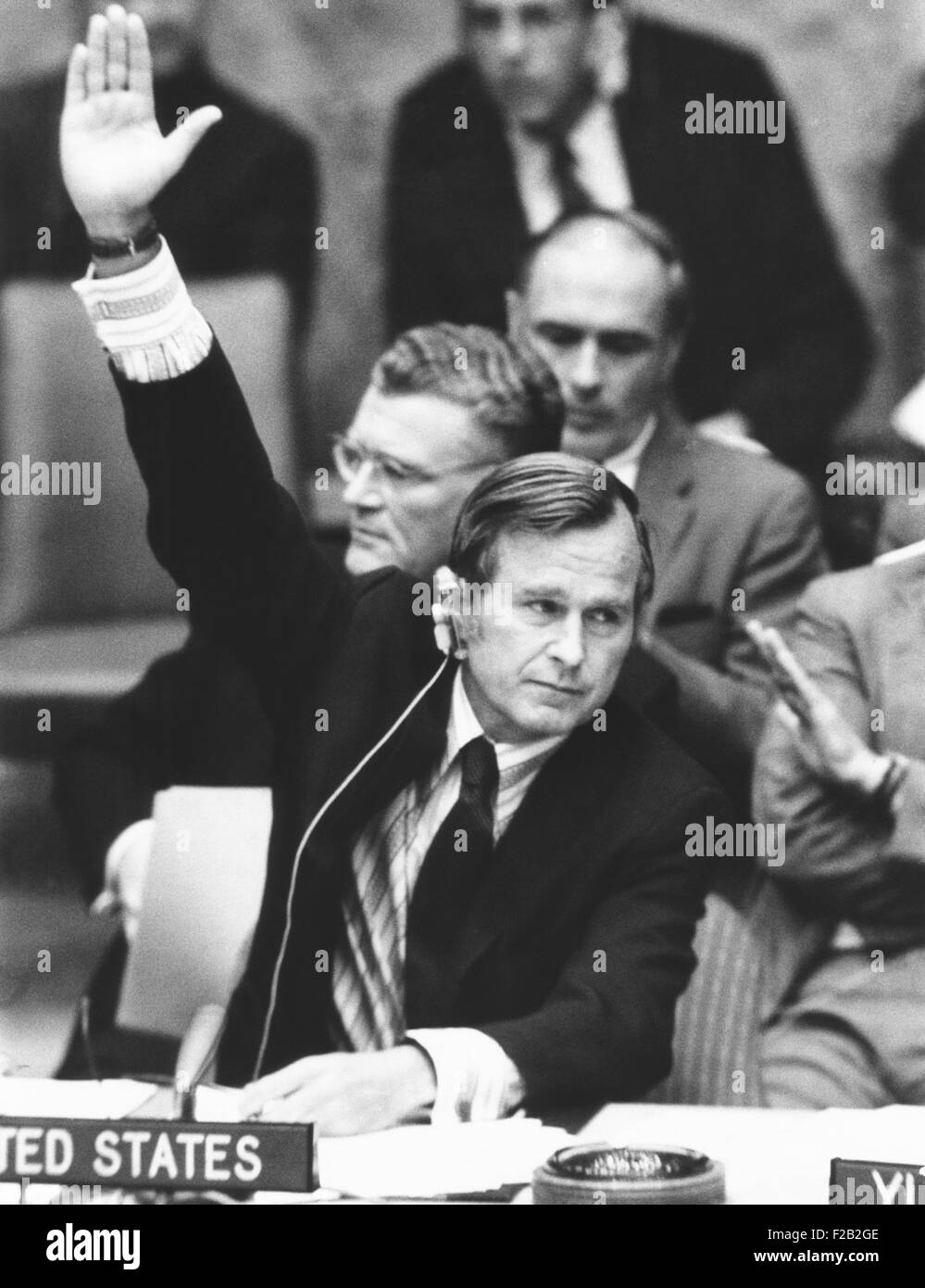 Ambassador George Bush casts the 2nd U.S. veto in the United Nations history. It was to block an African measure calling for a simple sensation of military operations in the Middle East without reference to the Munich massacre of Israeli Olympic athletes. Sept. 10, 1972. (CSU 2015 7 347) Stock Photo