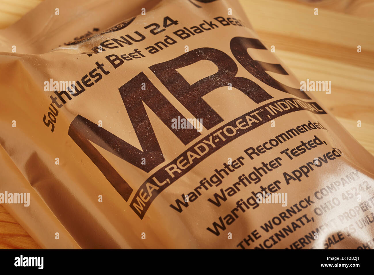 A United States Govenment issued complete meal called an 'MRE.' They are used both by the military and emergency services. Stock Photo
