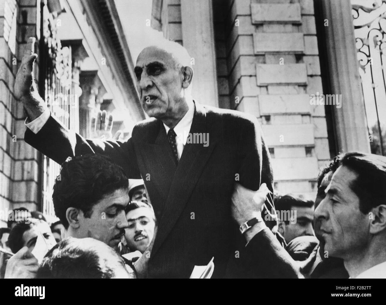 Mohammed Mossadegh speaking outside the Iranian Parliament building, ca. Oct 1, 1951. He repeated his stand on nationalization of the Anglo Iranian Oil Company refinery at Abadan. (CSU 2015 8 503) Stock Photo