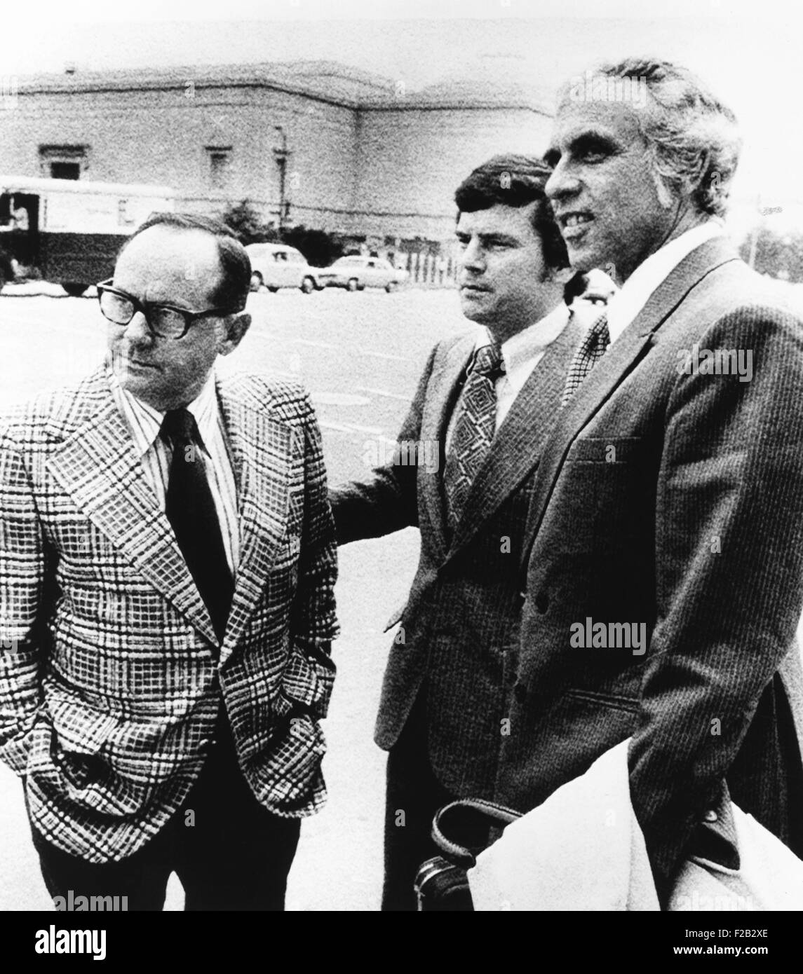 Watergate burglar Bernard Barker (center) leaves federal court in Miami on Oct. 27, 1972. Barker and his attorneys failed to get charges dropped for money laundering contributions from President Richard Nixon's 1972 campaign. L-R: Henry Rothblatt; Bernard Barker; David Goodhart. (CSU 2015 8 478) Stock Photo