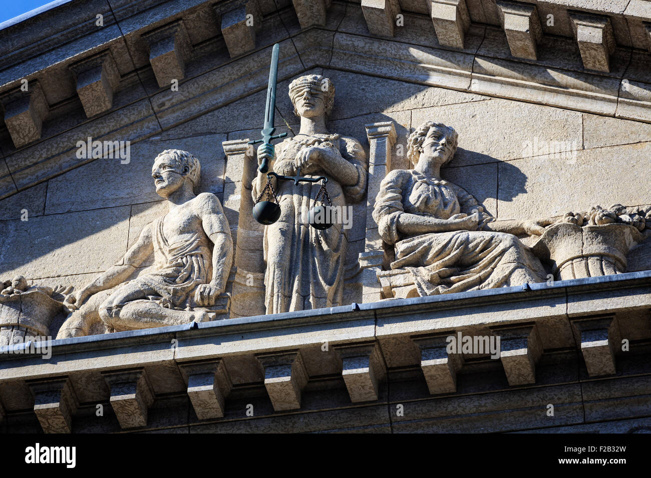 Scales of Justice on Manitoba Law Courts Building, Winnipeg, Manitoba, Canada Stock Photo