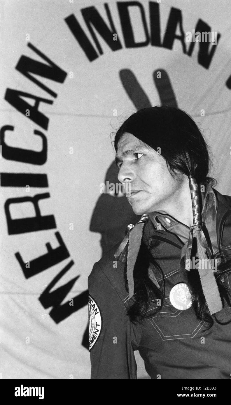 Dennis Banks, announcing his resignation as national executive of AIM, American Indian Movement. He cited pressures from his trial resulting from the AIM 71 day Wounded Knee occupation, from Feb. 27-May 8, 1973. Banks, was one of several co-founders the American Indian Movement (AIM) in June 1968. - (CSU 2015 6 242) Stock Photo