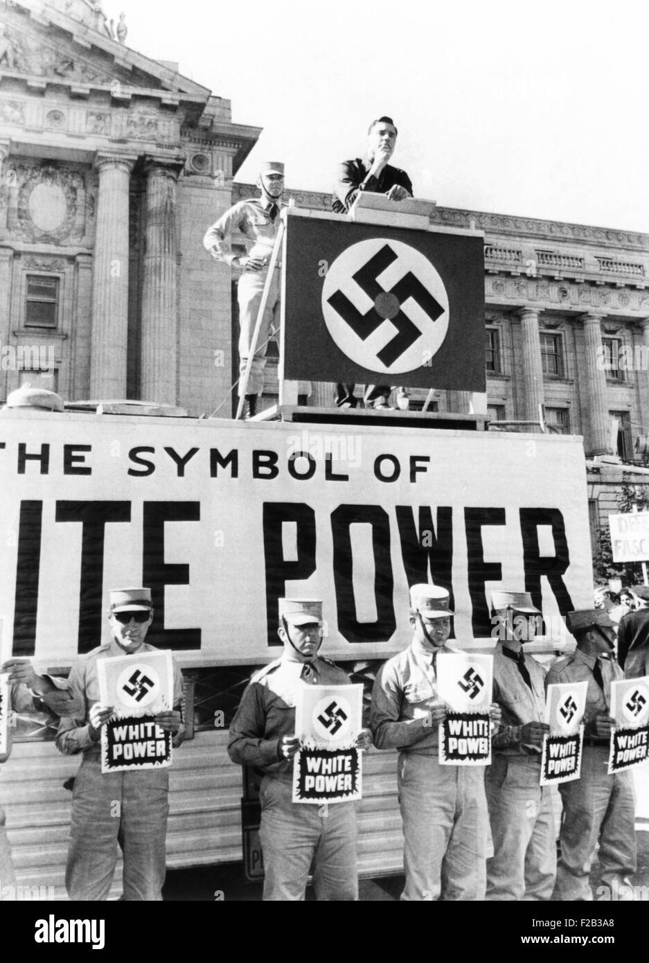 American Nazi George Lincoln Rockwell speaking in San Francisco, Oct. 22, 1966. He co-opted the 'Black Power' with his 'White Power' slogan. He was shouted down by the crowd, and police escorted his sound truck away before Rockwell finished his speech. - (CSU 2015 6 211) Stock Photo