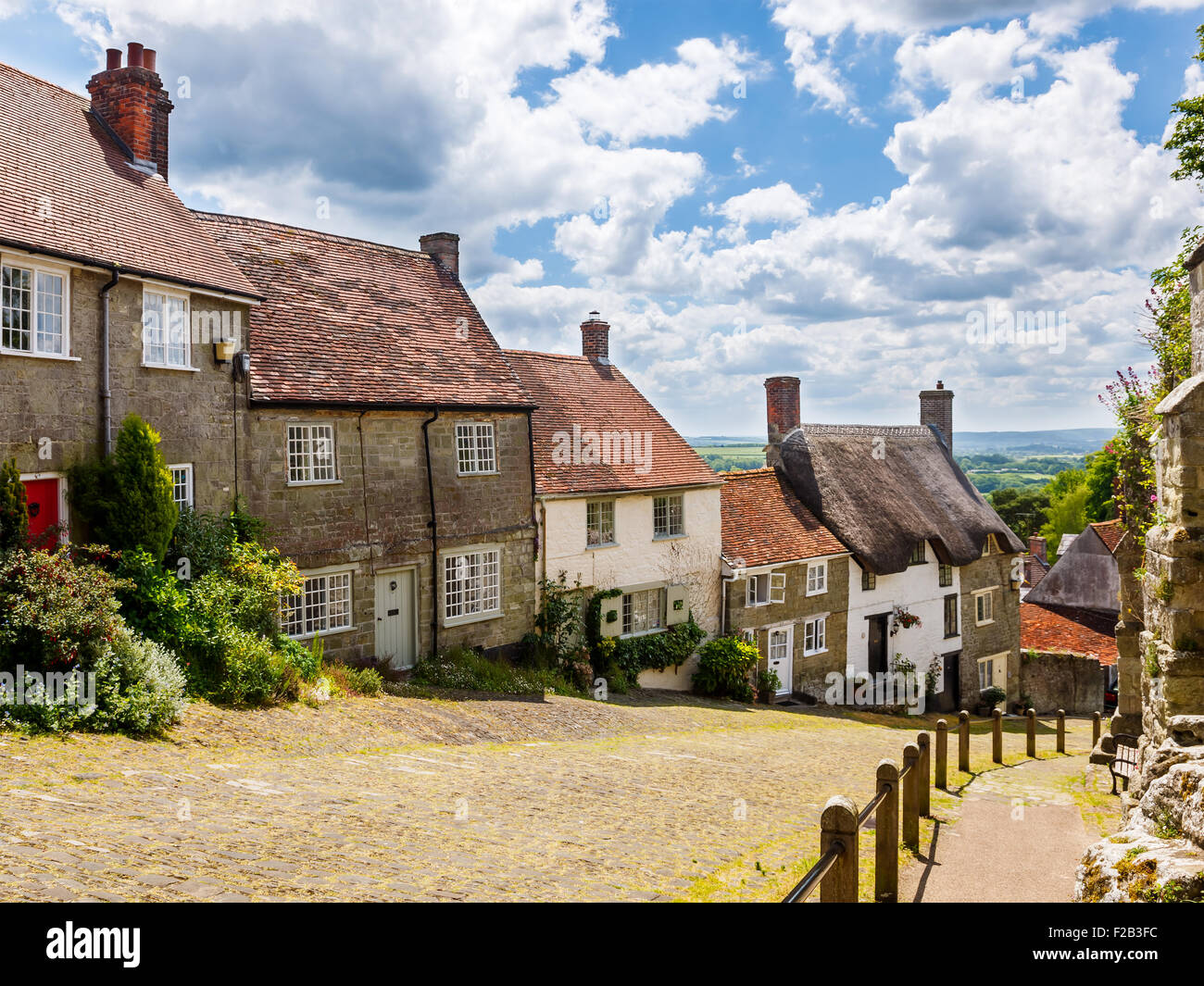 Famous view of Picturesque cottages on cobbled street at Gold Hill, Shaftesbury Dorset England UK Europe Stock Photo