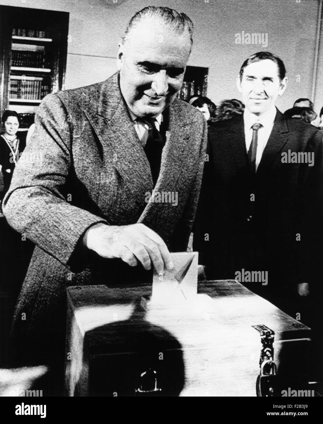 President Georges Pompidou casts his ballot in French parliamentary elections, March 11, 1973. His right wing Gaullist won power for another five years, strongly beating back a challenge from a Communist-Socialist coalition. Orvilliers Town Hall, in north-central France. - (CSU 2015 6 188) Stock Photo