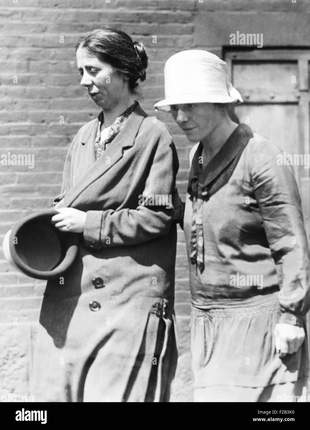 Miss Luigia Vanzetti, (left) is shown leaving the Charlestown State prison with Mrs. Nicola Sacco. Miss Vanzetti is visiting her brother, Bartolomeo in the death house of Massachusetts State Prison, after not seeing him for 19 years. Mrs. Sacco's husband is in the same death house awaiting execution for the murder of a South Braintree shoe factory paymaster and a guard in 1925. Ca. Aug. 1, 1927. - (CSU 2015 5 99) Stock Photo